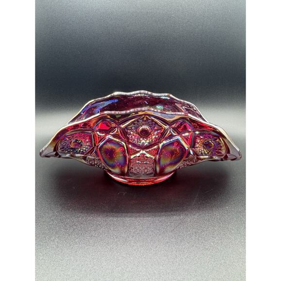 L E Smith Ruby Red Iridescent Carnival Glass Quintec Pattern Banana Bowl Vintage - Picture 4 of 7